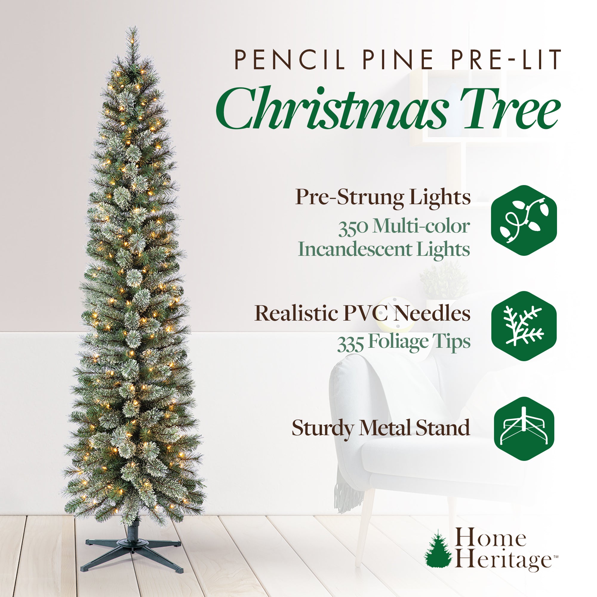 Home Heritage Stanley Pine Artificial Christmas Tree, 7' with Metal Base Stand - VMInnovations