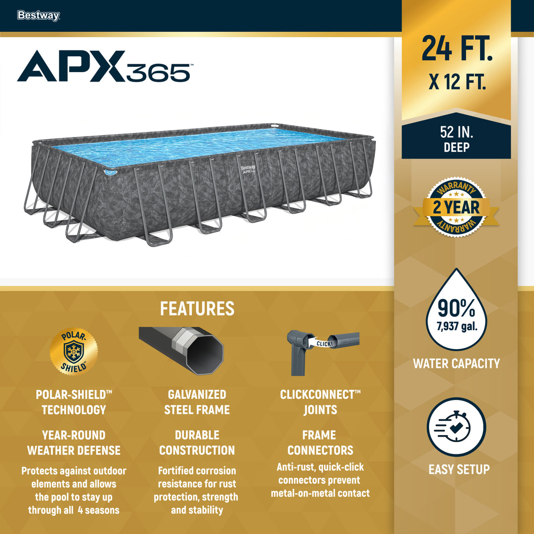 Bestway APX 365 24' x 12' x 52" Rectangular Above Ground Swimming Pool Set, Gray