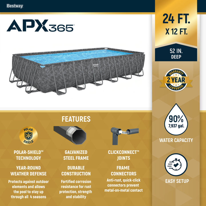 Bestway APX 365 24' x 12' x 52" Rectangular Above Ground Swimming Pool Set, Gray