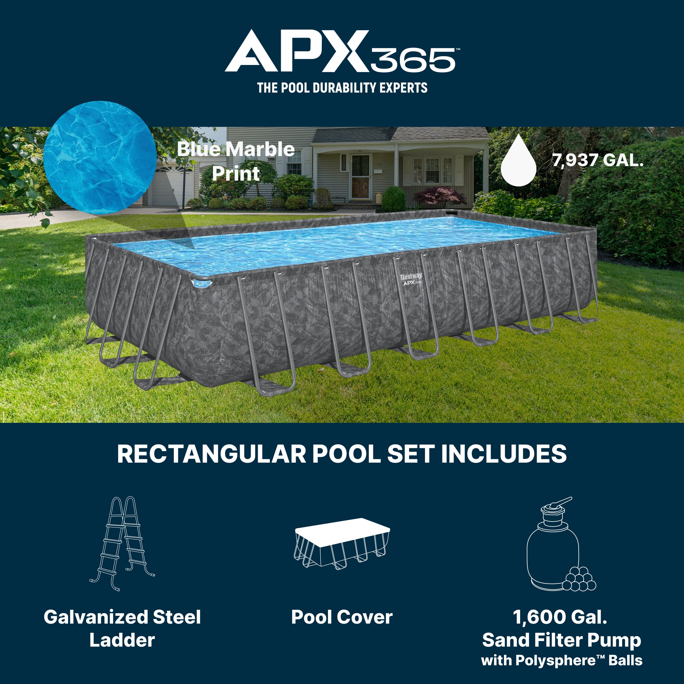 Bestway APX 365 24' x 12' x 52" Rectangular Above Ground Swimming Pool Set, Gray