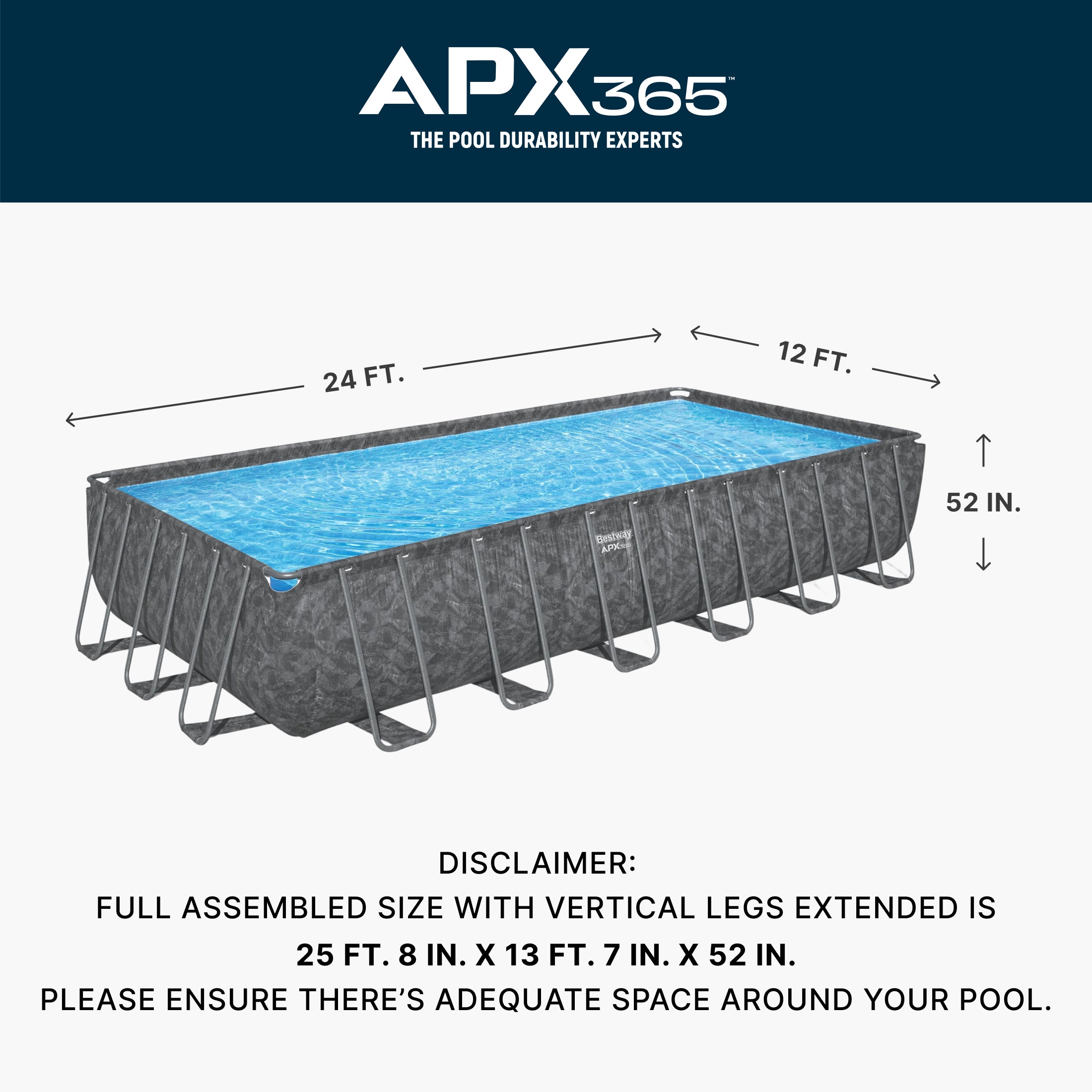 Bestway APX 365 24' x 12' x 52" Rectangular Above Ground Swimming Pool Set, Gray