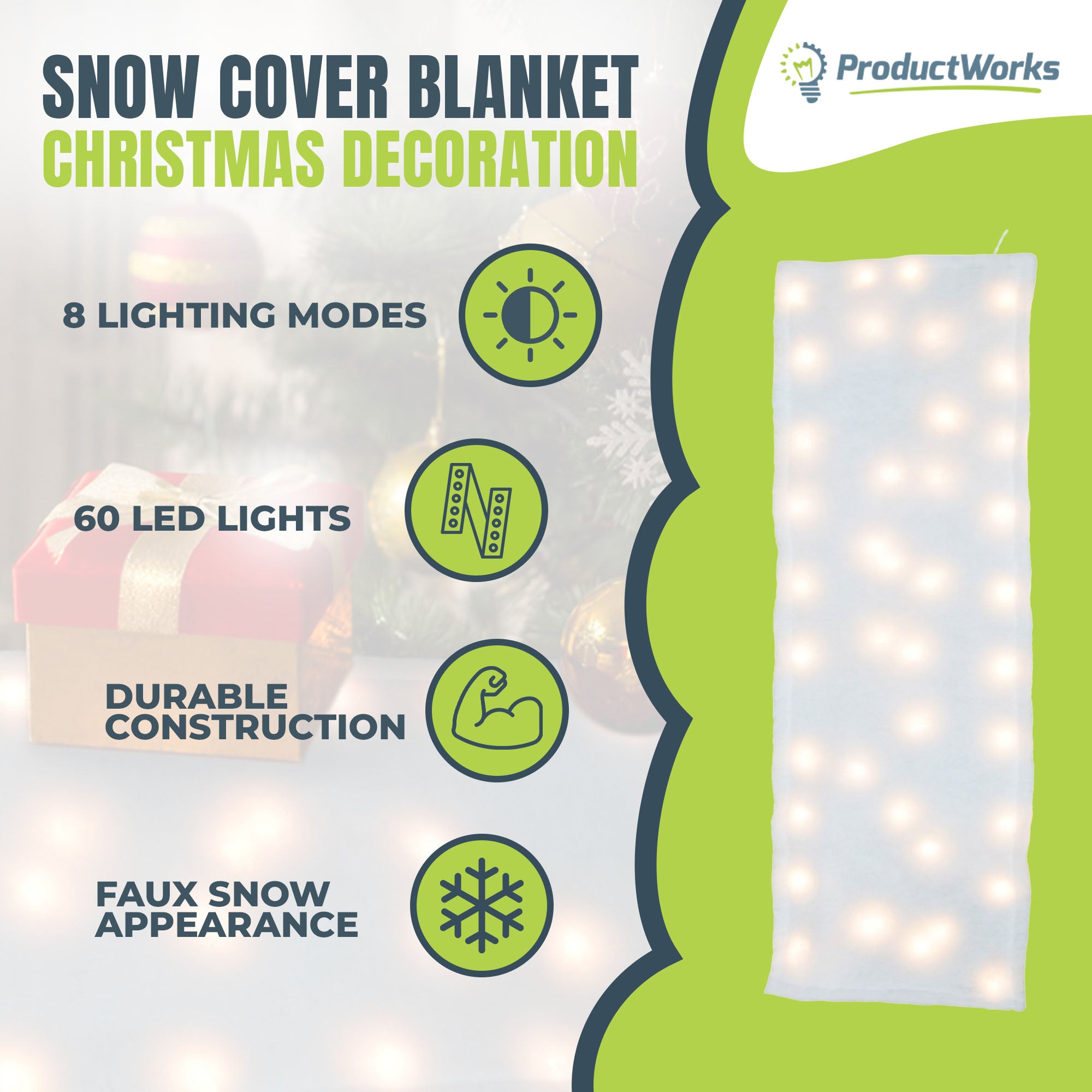 ProductWorks Pre-Lit Snow Cover Blanket 8 Function Holiday Decoration, White - VMInnovations