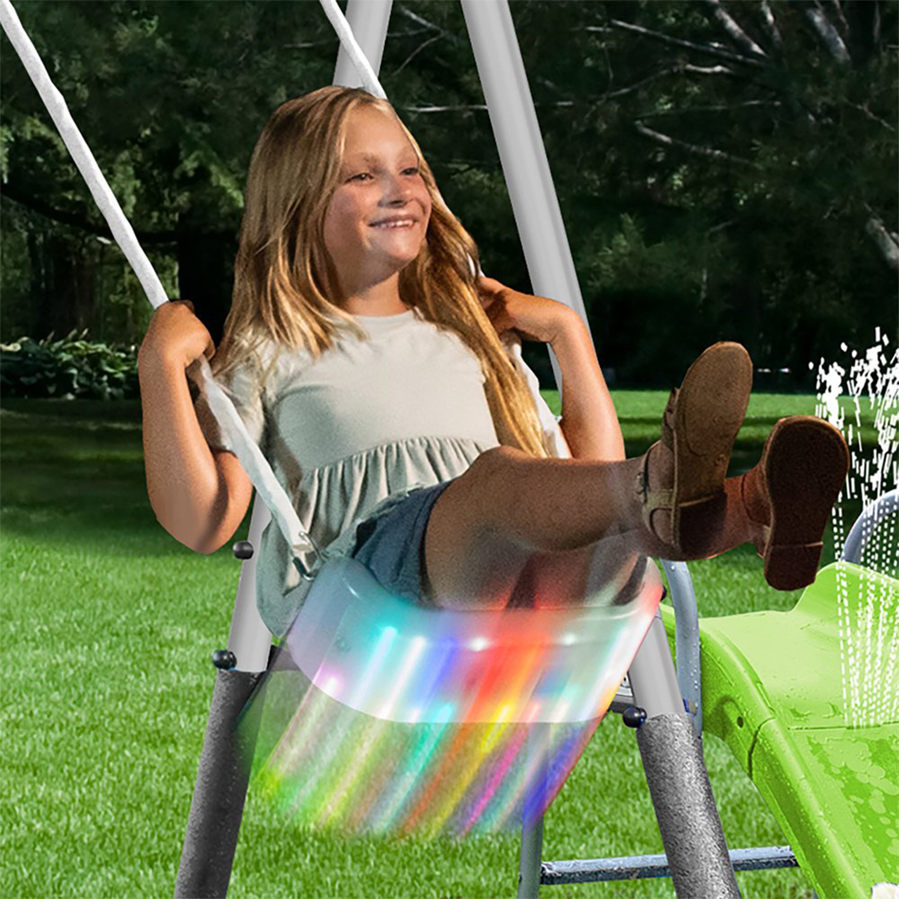 XDP Recreation Swingin' Free Playground Set with Water Slide, Super Disc Swing - VMInnovations