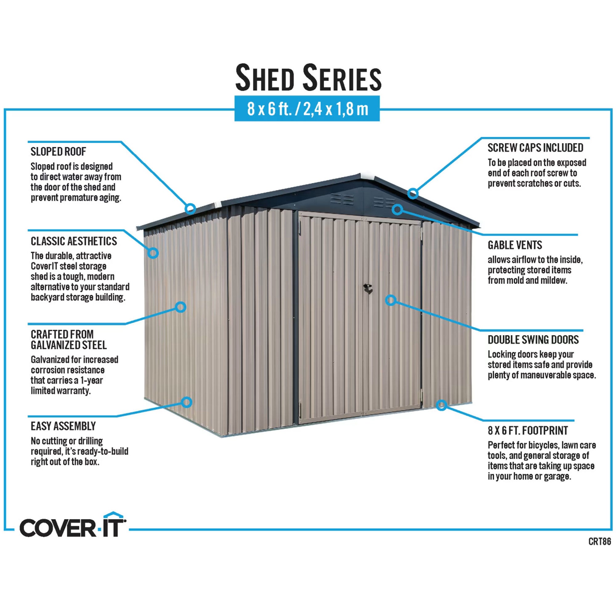 COVER-IT Metal Lockable Storage Shed for Outdoor or Backyard Storage, 8' x 6' - VMInnovations