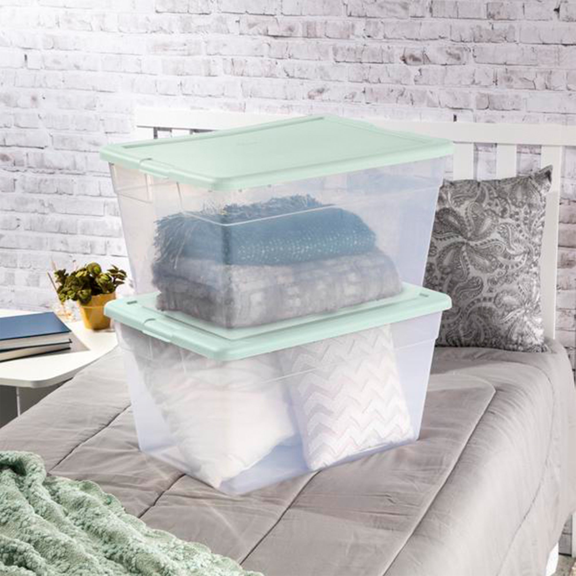 Sterilite 24 Pk Stackable Storage Tote Container, 56Qt, Clear, Mindful Mint Lid - VMInnovations