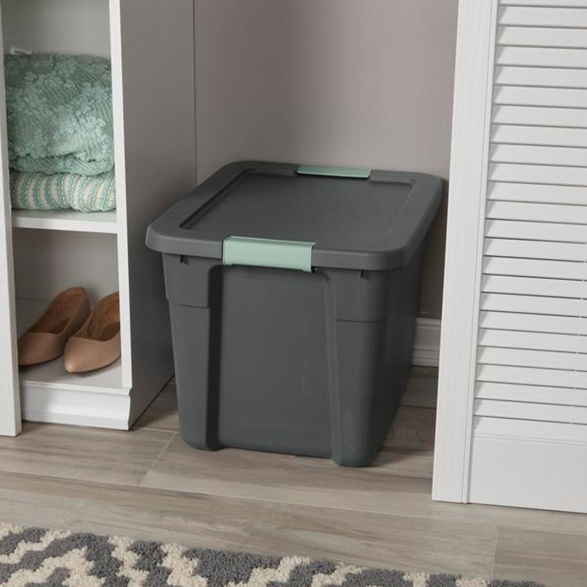 Sterilite 12Pk Latch Tote, Stackable Plastic Storage Container, 12Gal,Gray/Green