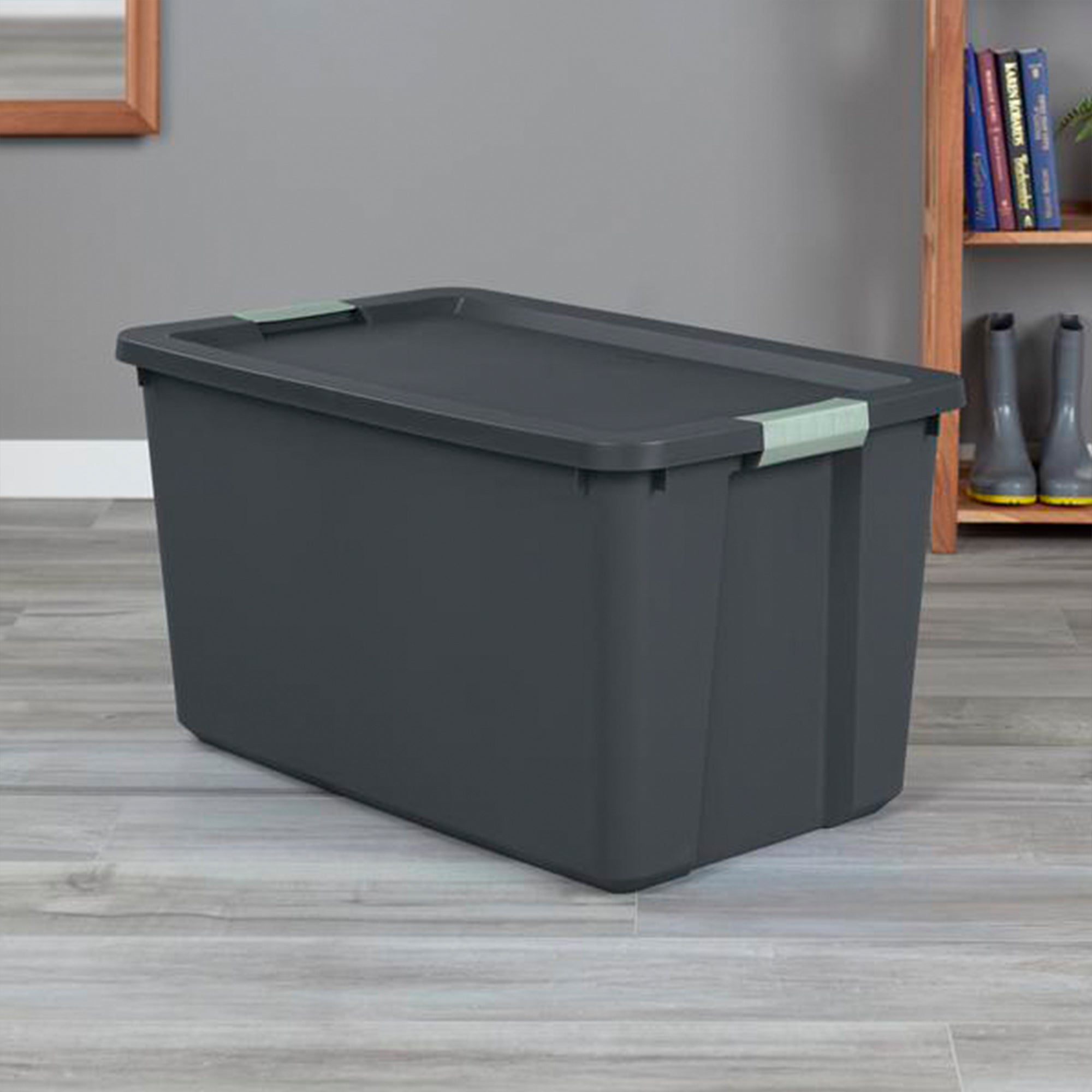 Sterilite 16 Pack 34 Gal Latch Tote, Stackable Plastic Storage Bin, Gray/Green