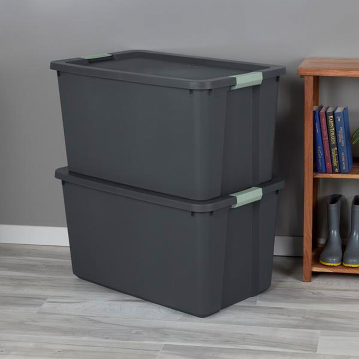 Sterilite 16 Pack 34 Gal Latch Tote, Stackable Plastic Storage Bin, Gray/Green