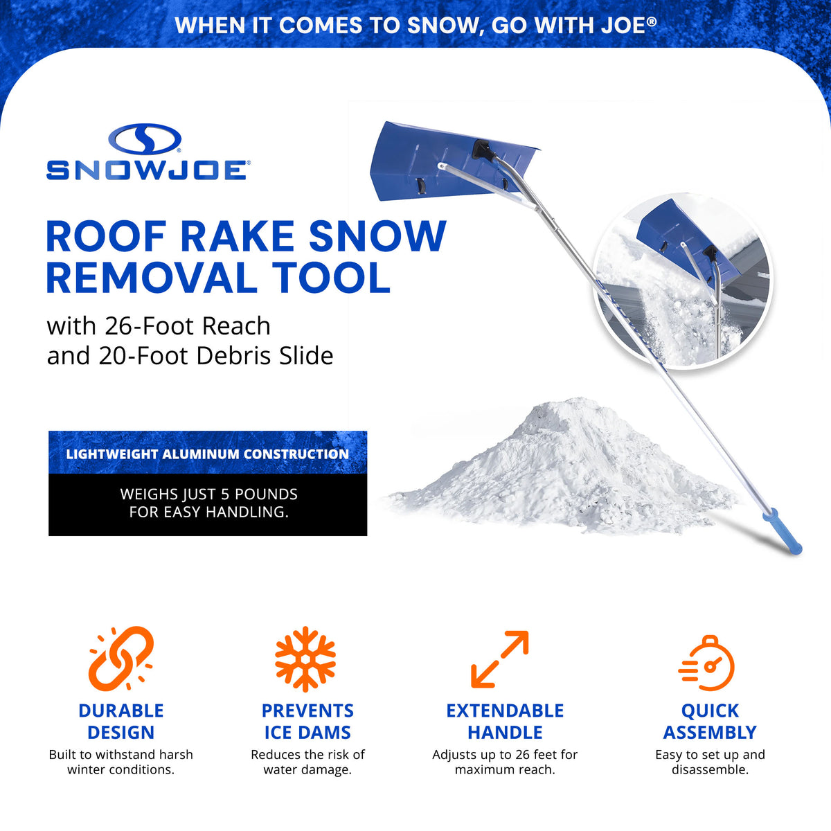 Snow Joe Rake Snow Removal Tool with 26ft Reach & 20ft Debris Slide (Open Box)