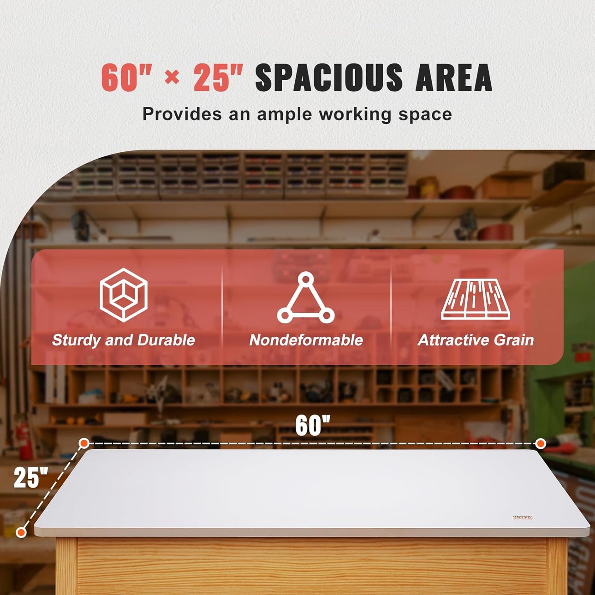 VEVOR 60 x 25 Inch Rectangular Tabletop for Adjustable Standing Desk, White - VMInnovations