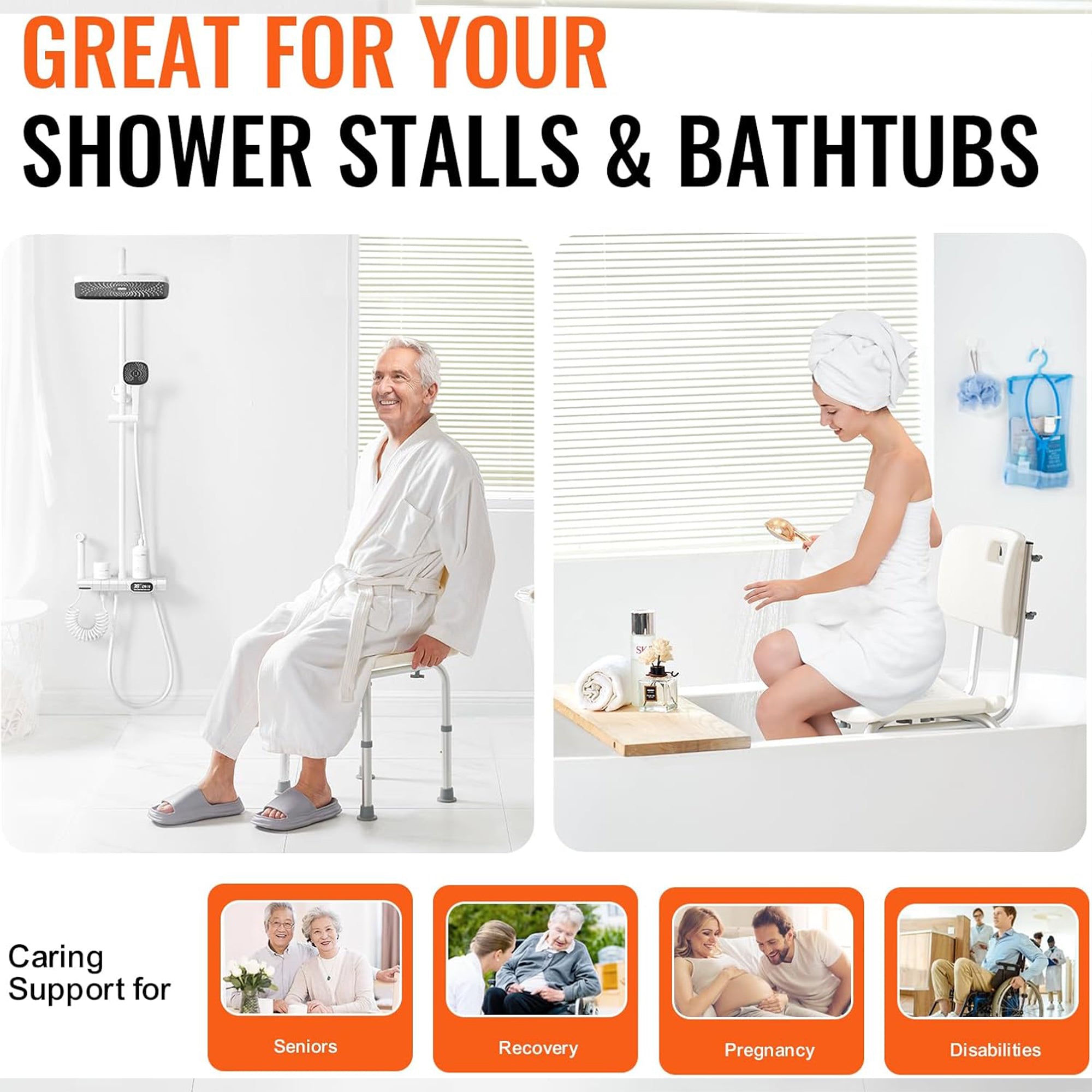 VEVOR Adjustable Shower Chair, Bathroom Bench w/Back for Elderly, 350lb Capacity - VMInnovations