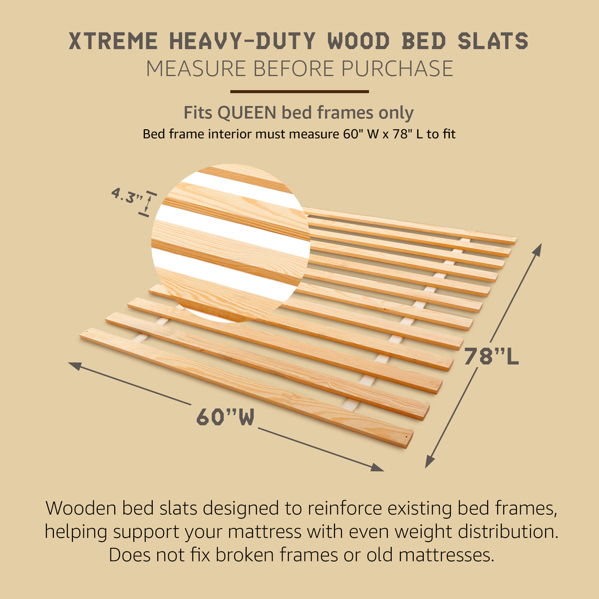 Hercules Heavy-Duty Solid Pine Wood Bed Slats Bunkie Board, Queen Size(Open Box)