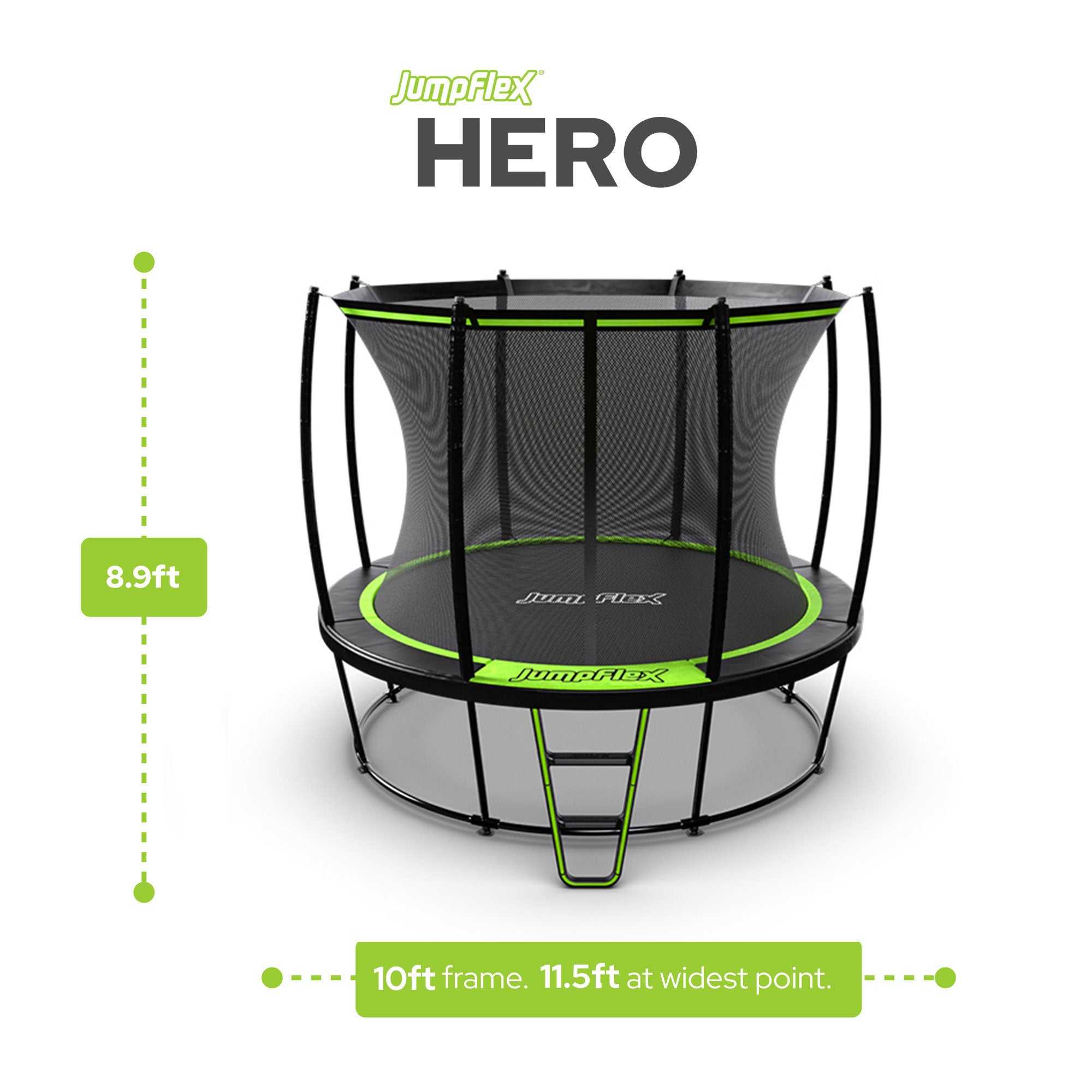 JumpFlex HERO 10' Trampoline w Basketball Hoop, Safety Enclosure, Net Attachment