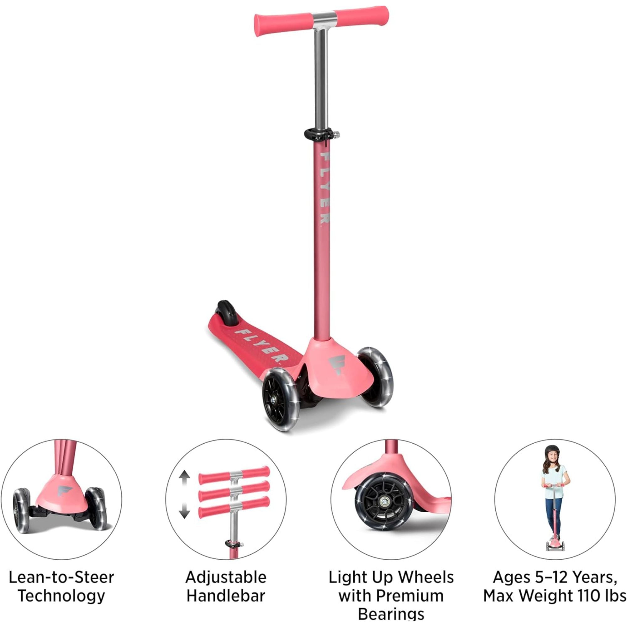 Radio Flyer Kids Scooter, Flyer Glider Pro Ride On Toy w/ Light Up Wheels, Pink - VMInnovations