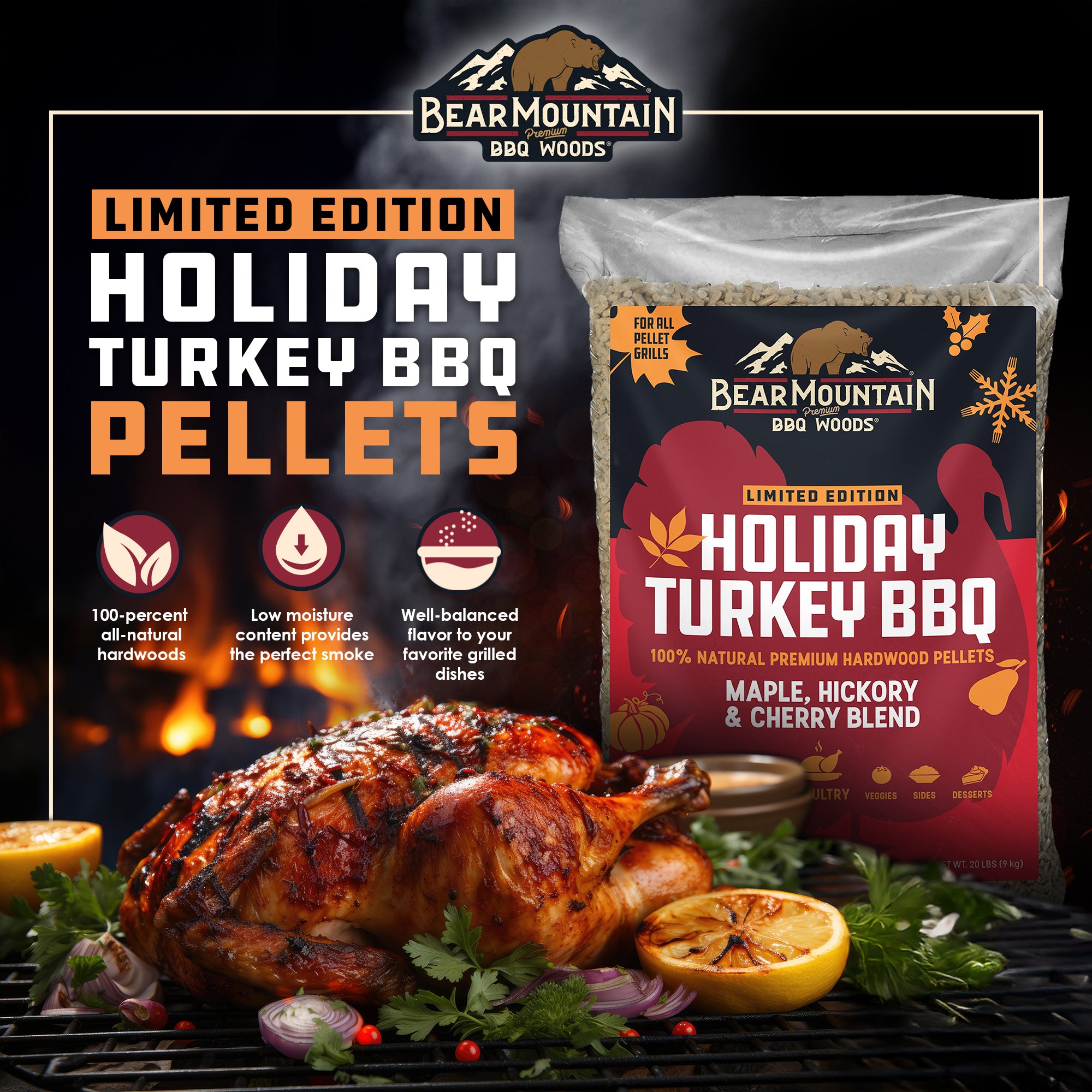 Bear Mountain BBQ Holiday Turkey Blend Maple, Hickory, & Cherry Pellets, 20 lbs - VMInnovations