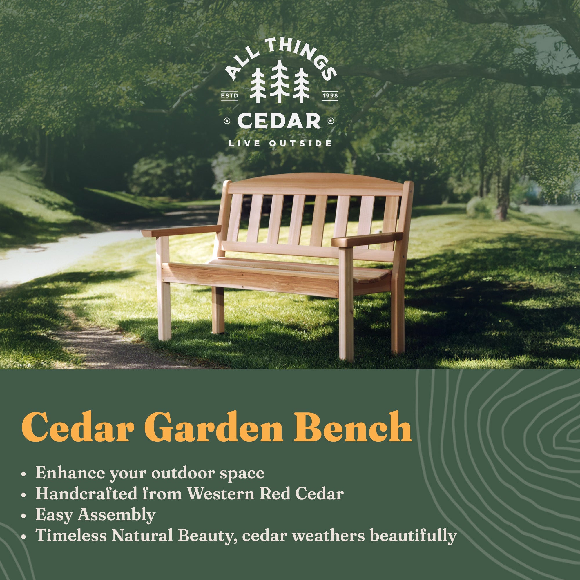 All Things Cedar 51” Wooden Garden Bench, Outdoor Patio Seating Chair, Natural - VMInnovations
