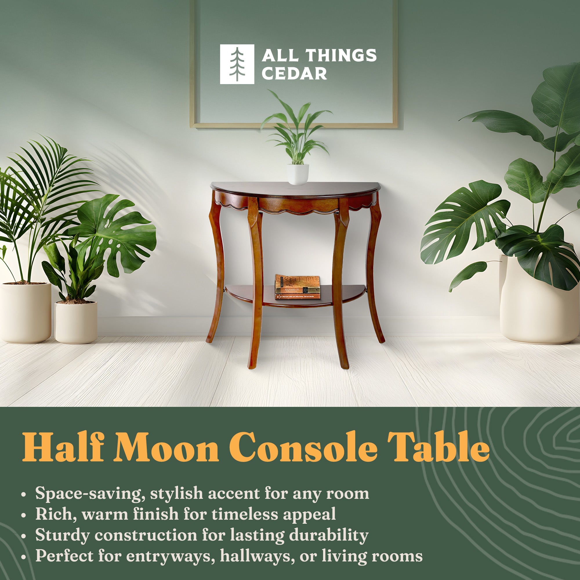 All Things Cedar Wood Half Moon Accent Console Table with Storage Shelf, Cherry - VMInnovations
