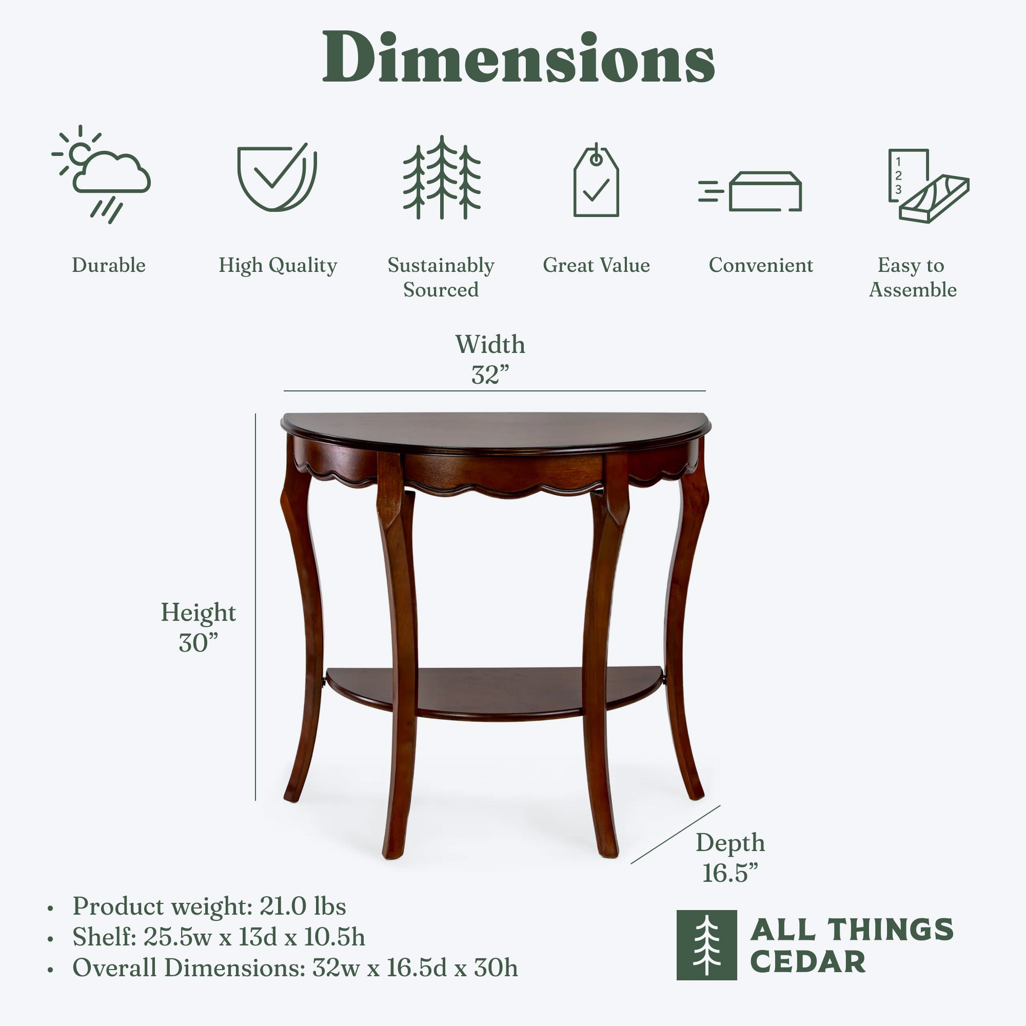 All Things Cedar Wood Half Moon Accent Console Table with Storage Shelf, Cherry - VMInnovations