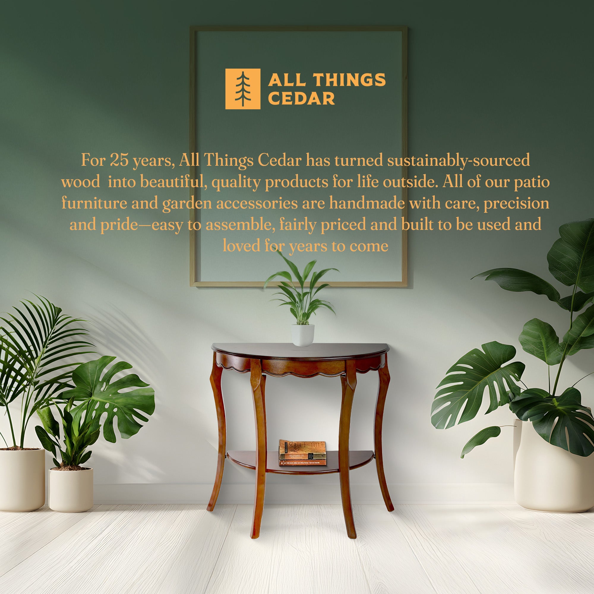 All Things Cedar Wood Half Moon Accent Console Table with Storage Shelf, Cherry - VMInnovations