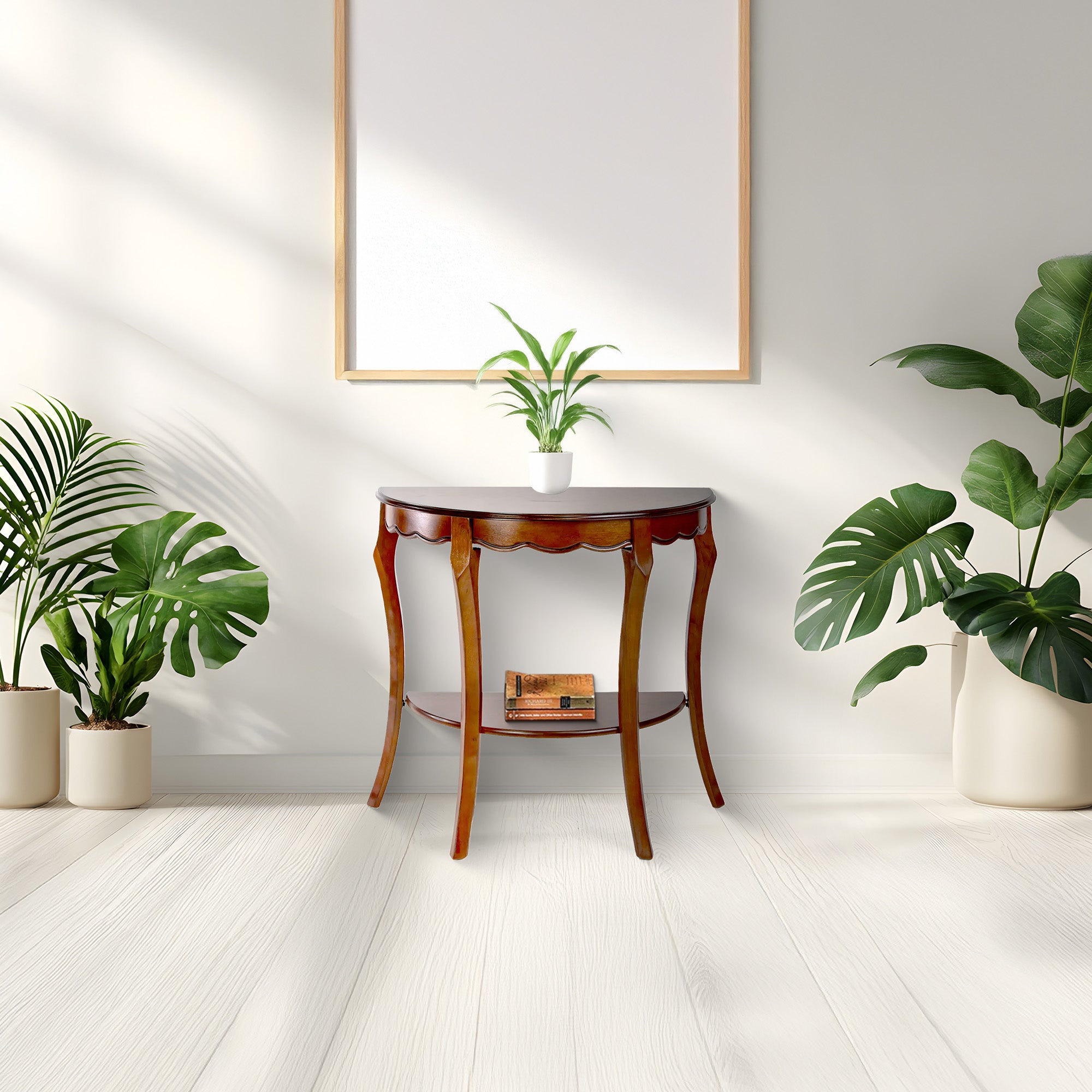 All Things Cedar Wood Half Moon Accent Console Table with Storage Shelf, Cherry - VMInnovations