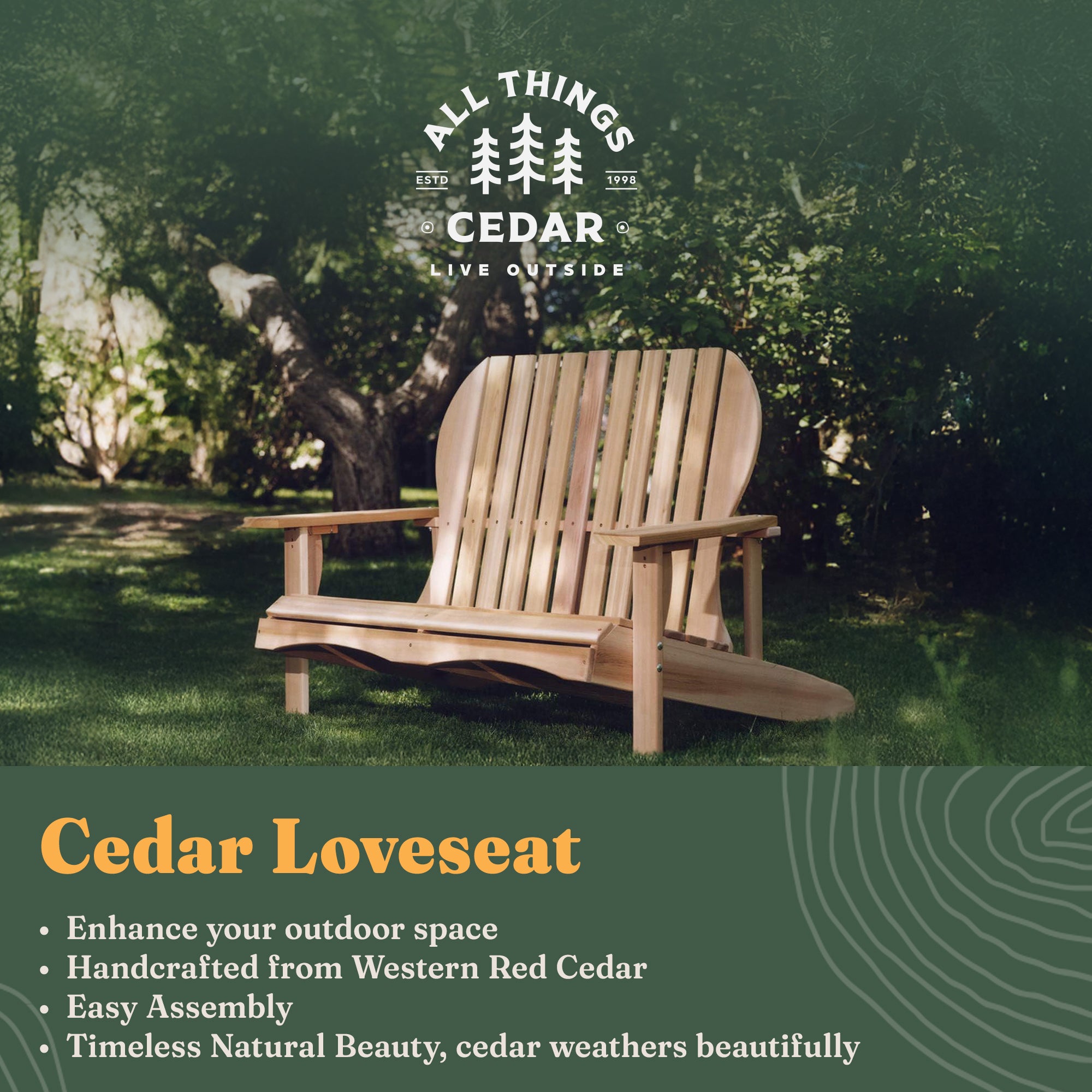All Things Cedar 54” Wood Adirondack Loveseat Chair Outdoor Patio Seat, Natural - VMInnovations