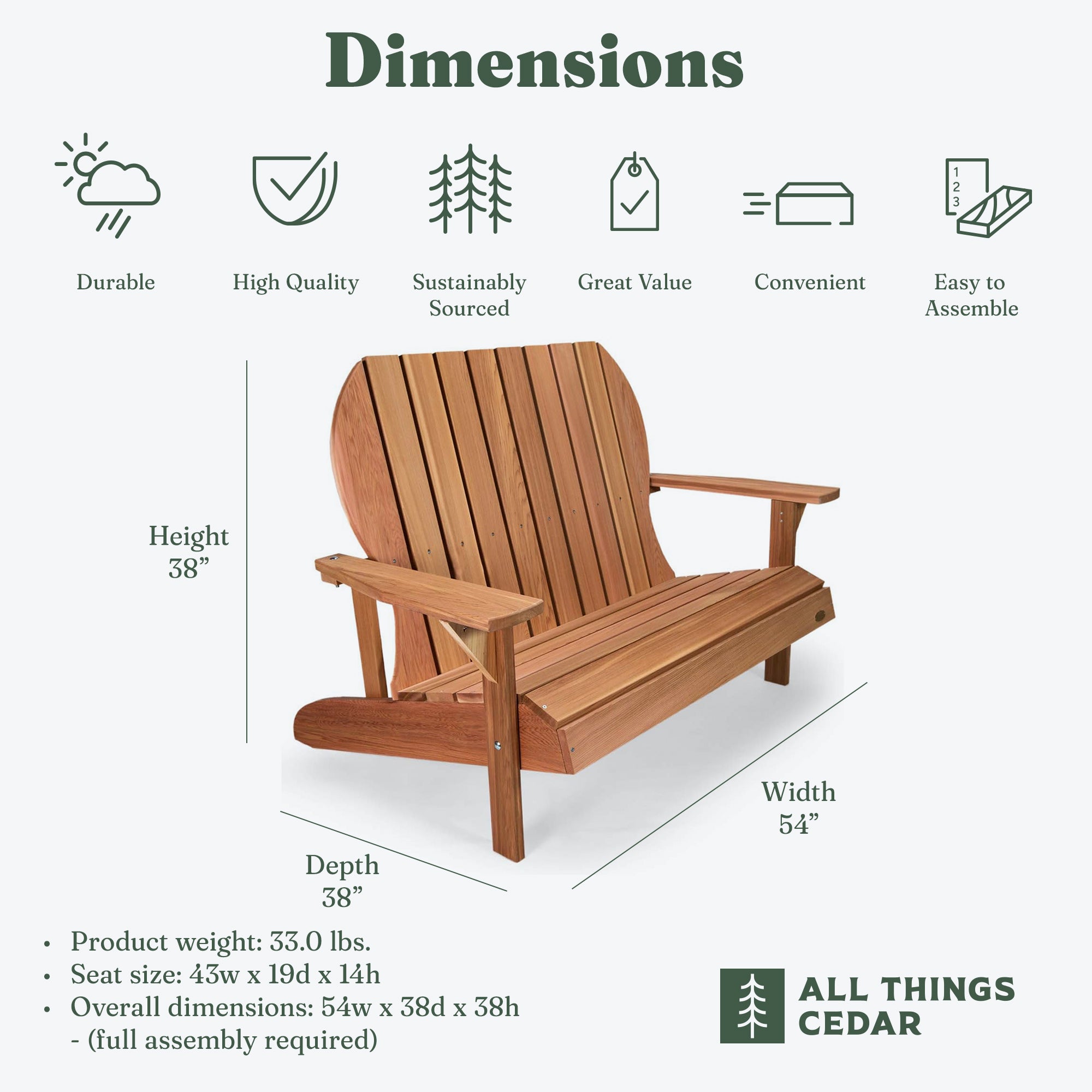 All Things Cedar 54” Wood Adirondack Loveseat Chair Outdoor Patio Seat, Natural - VMInnovations