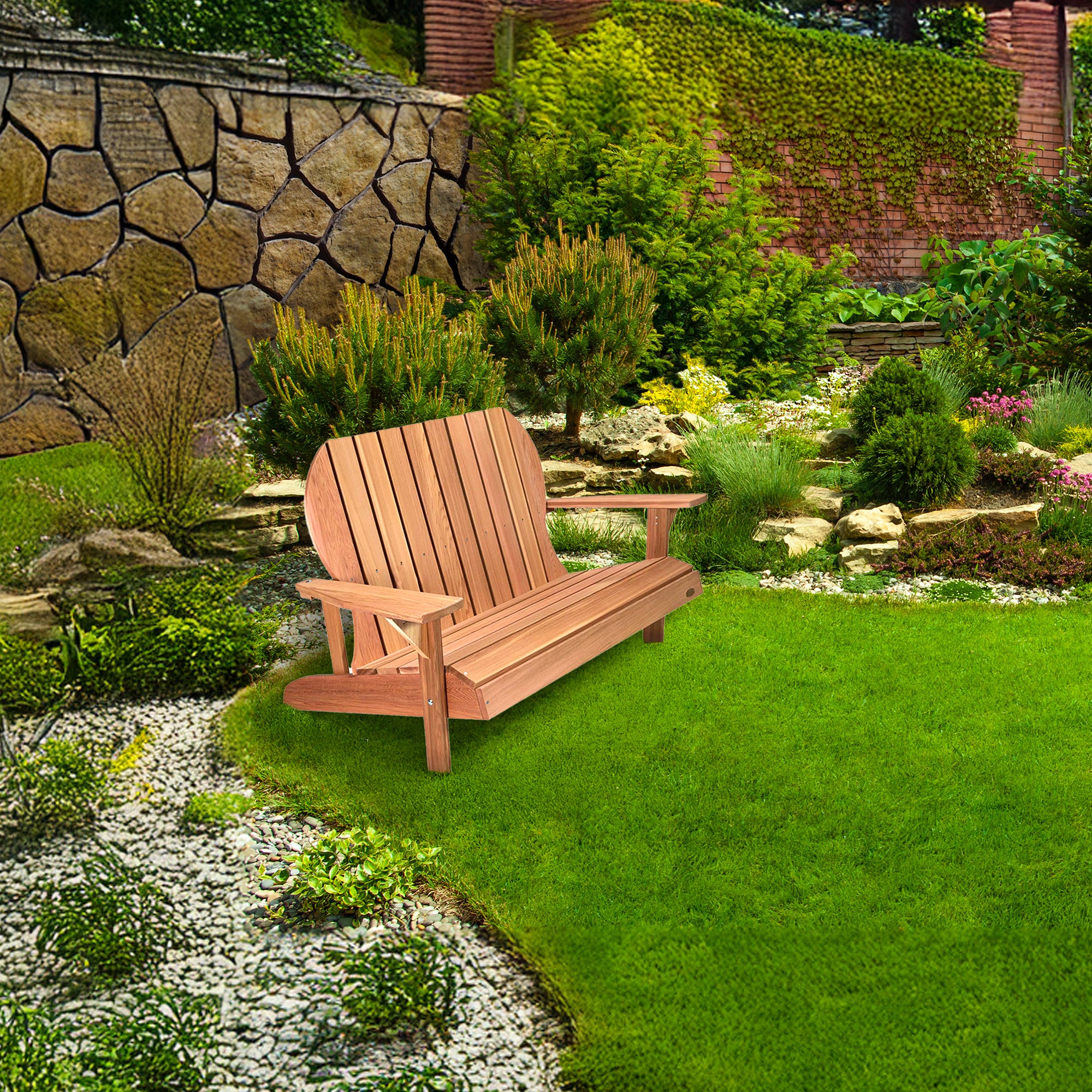 All Things Cedar 54” Wood Adirondack Loveseat Chair Outdoor Patio Seat, Natural - VMInnovations
