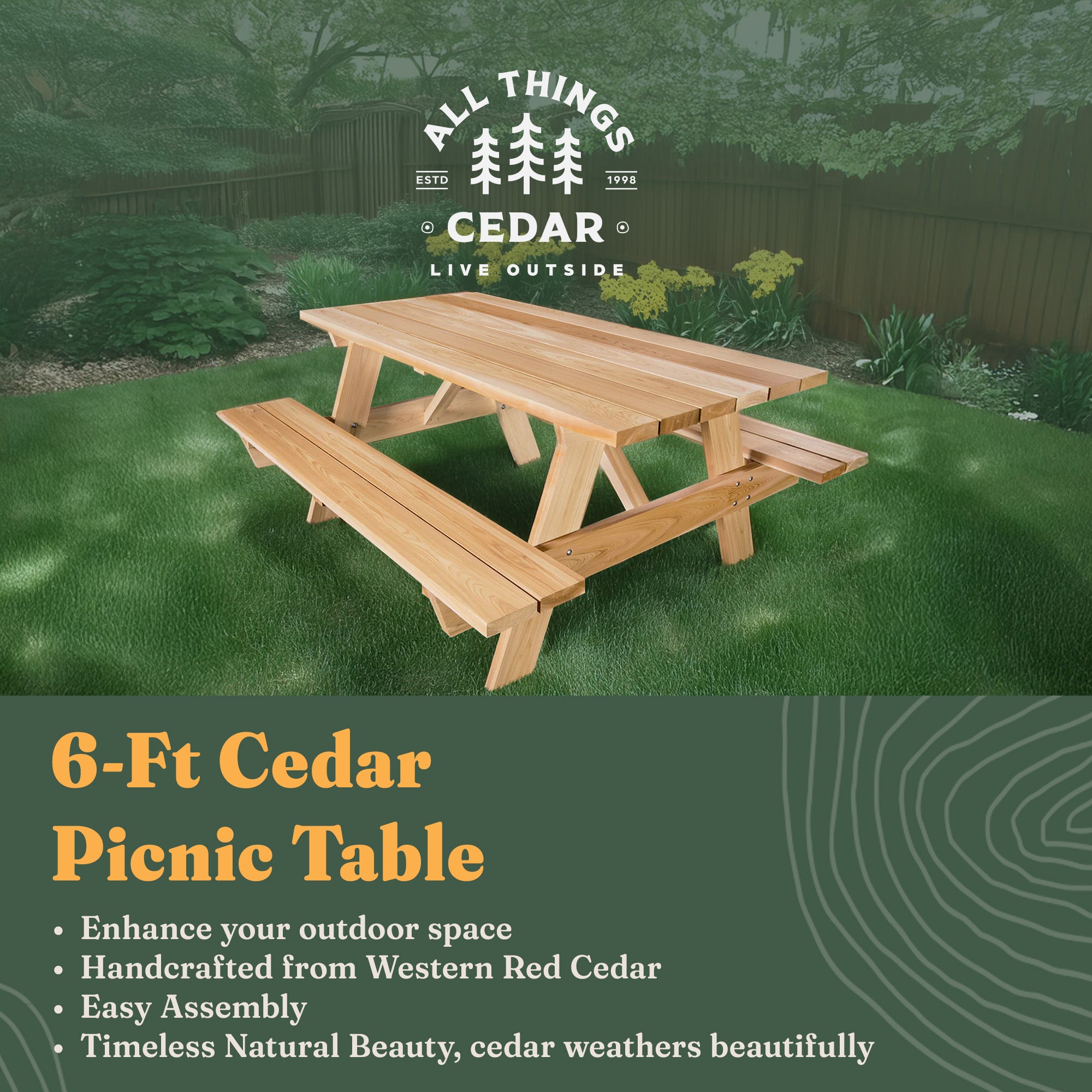 All Things Cedar 6-Ft Outdoor Picnic Table, Handcrafted Wooden Patio Bench Set - VMInnovations