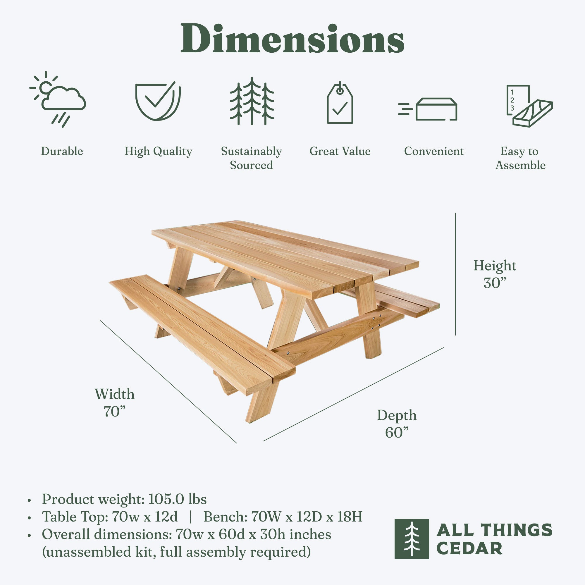 All Things Cedar 6-Ft Outdoor Picnic Table, Handcrafted Wooden Patio Bench Set - VMInnovations