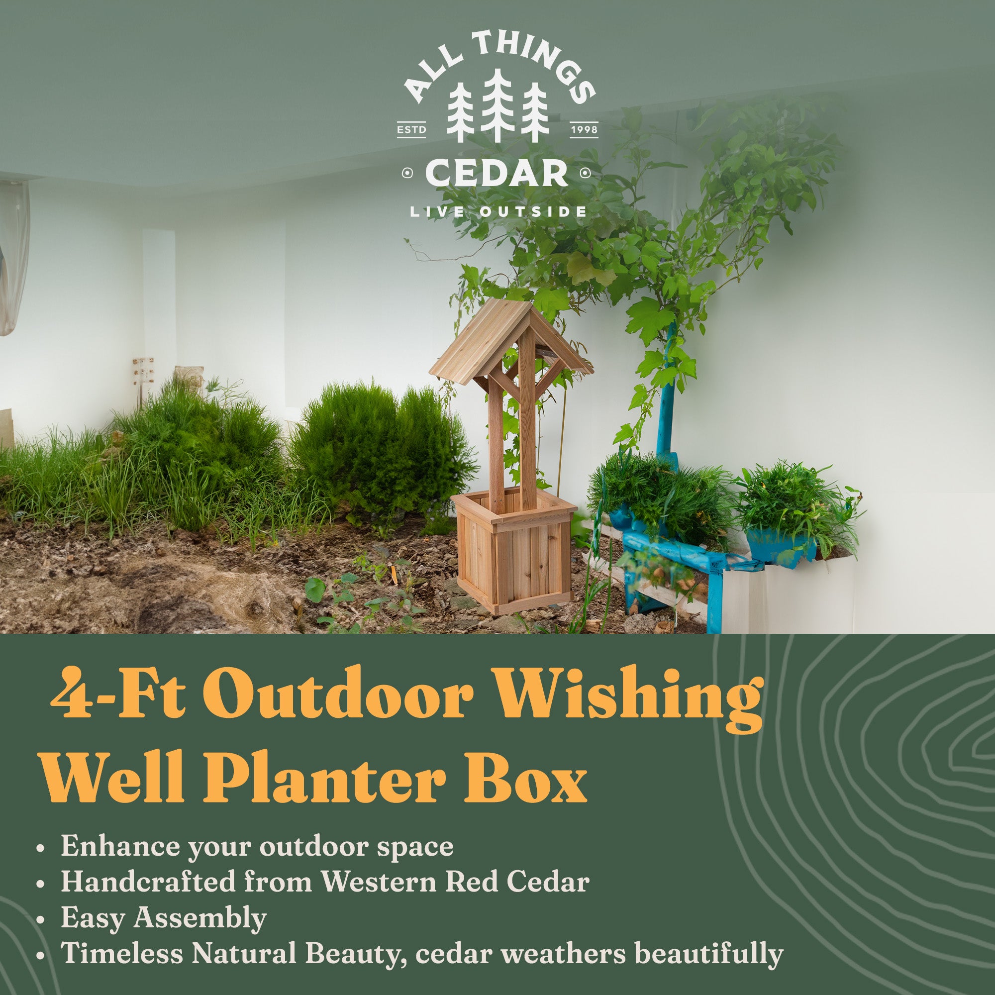 All Things Cedar 4-Ft Outdoor Wishing Well Planter Box for Flowers and Plants - VMInnovations