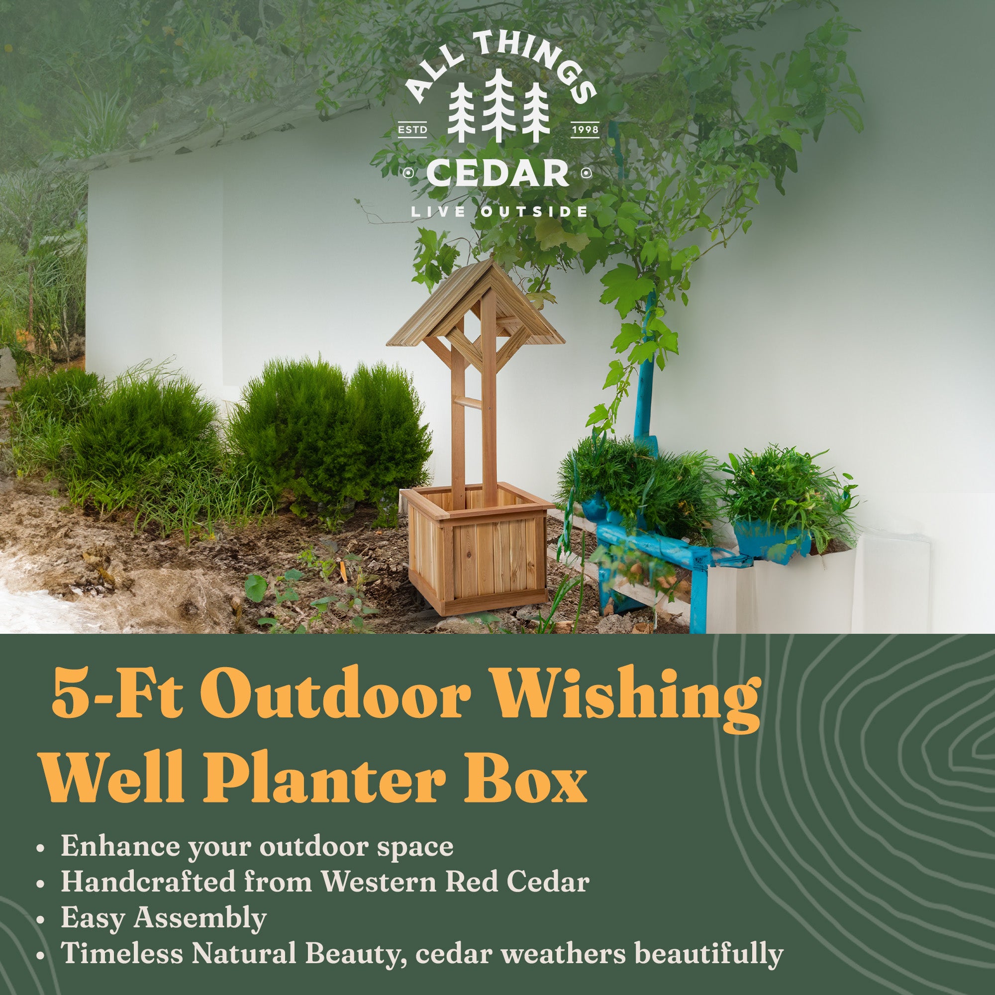 All Things Cedar 5-Ft Outdoor Wishing Well Planter Box for Flowers and Plants - VMInnovations