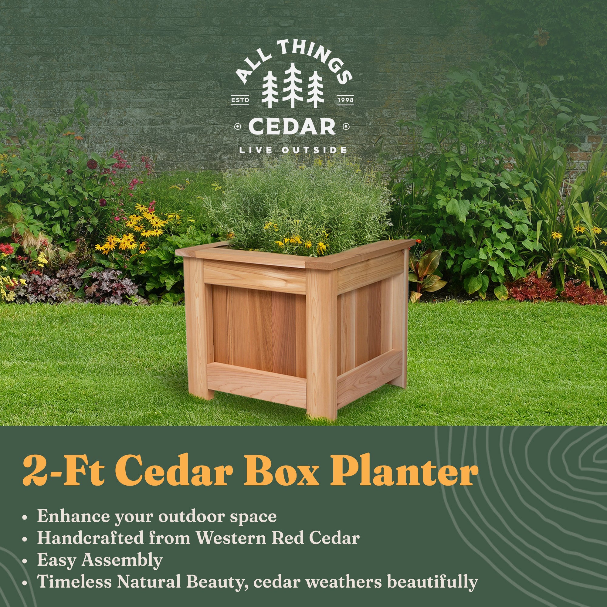All Things Cedar 2 Foot Cedar Box Planter, Elevated Outdoor Garden Bed, Natural - VMInnovations