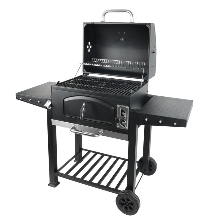 Grill Boss 24 Inch Charcoal BBQ Grill, Side Shelves, Built In Thermometer, Black