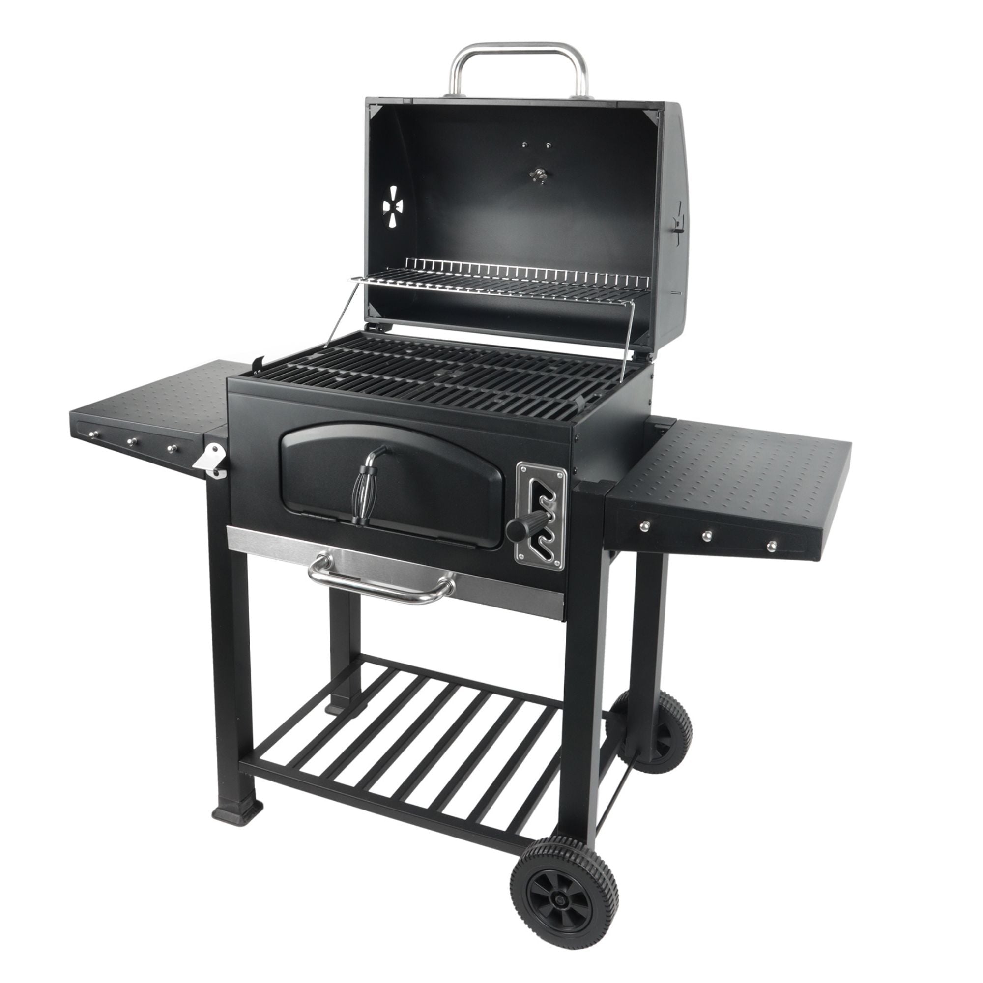 Grill Boss 24 Inch Charcoal BBQ Grill, Side Shelves, Built In Thermometer, Black - VMInnovations