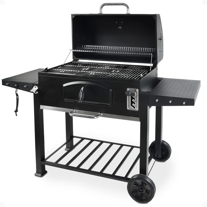 Grill Boss 32 Inch Charcoal BBQ Grill, Side Shelves, Built In Thermometer, Black