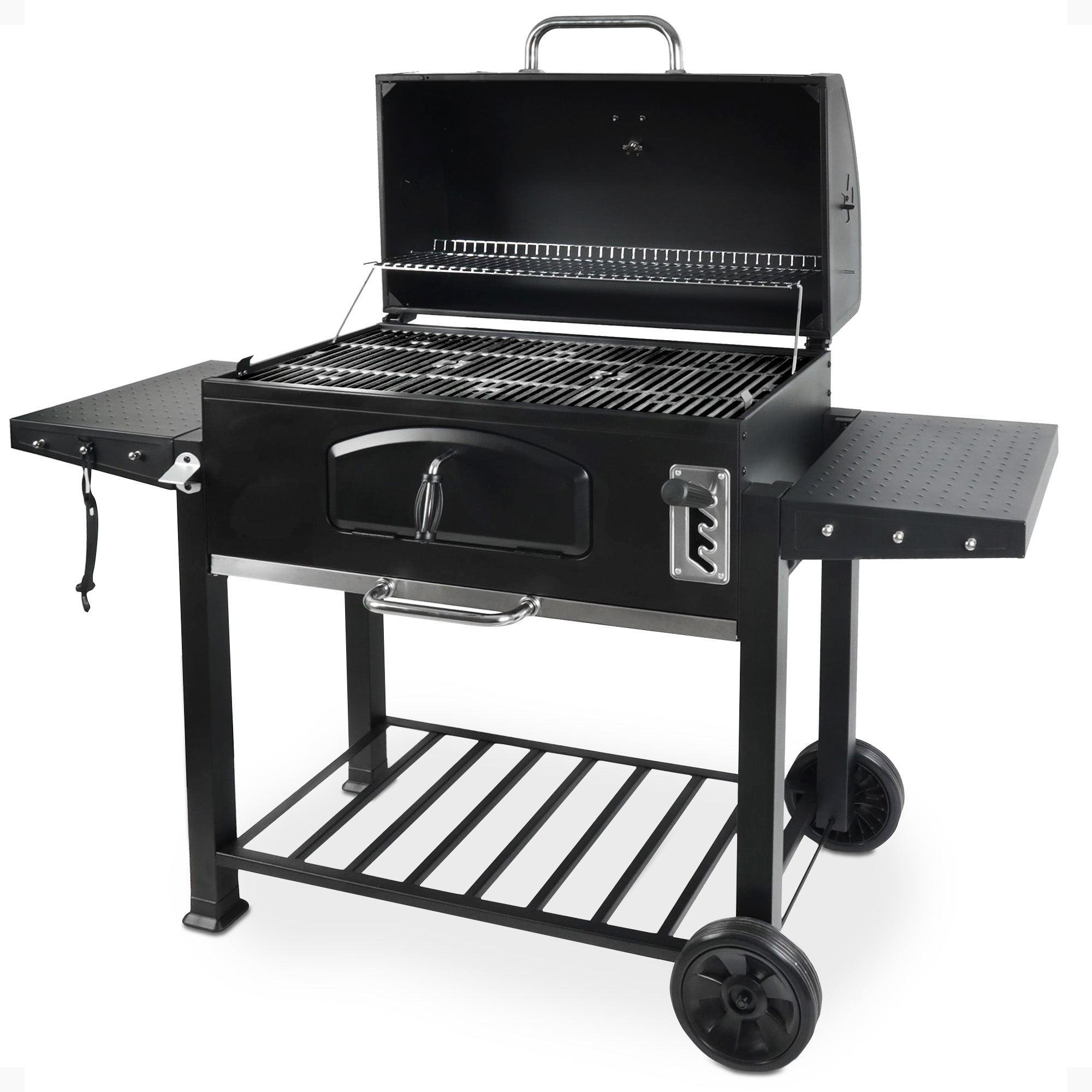 Grill Boss 32 Inch Charcoal BBQ Grill, Side Shelves, Built In Thermometer, Black - VMInnovations