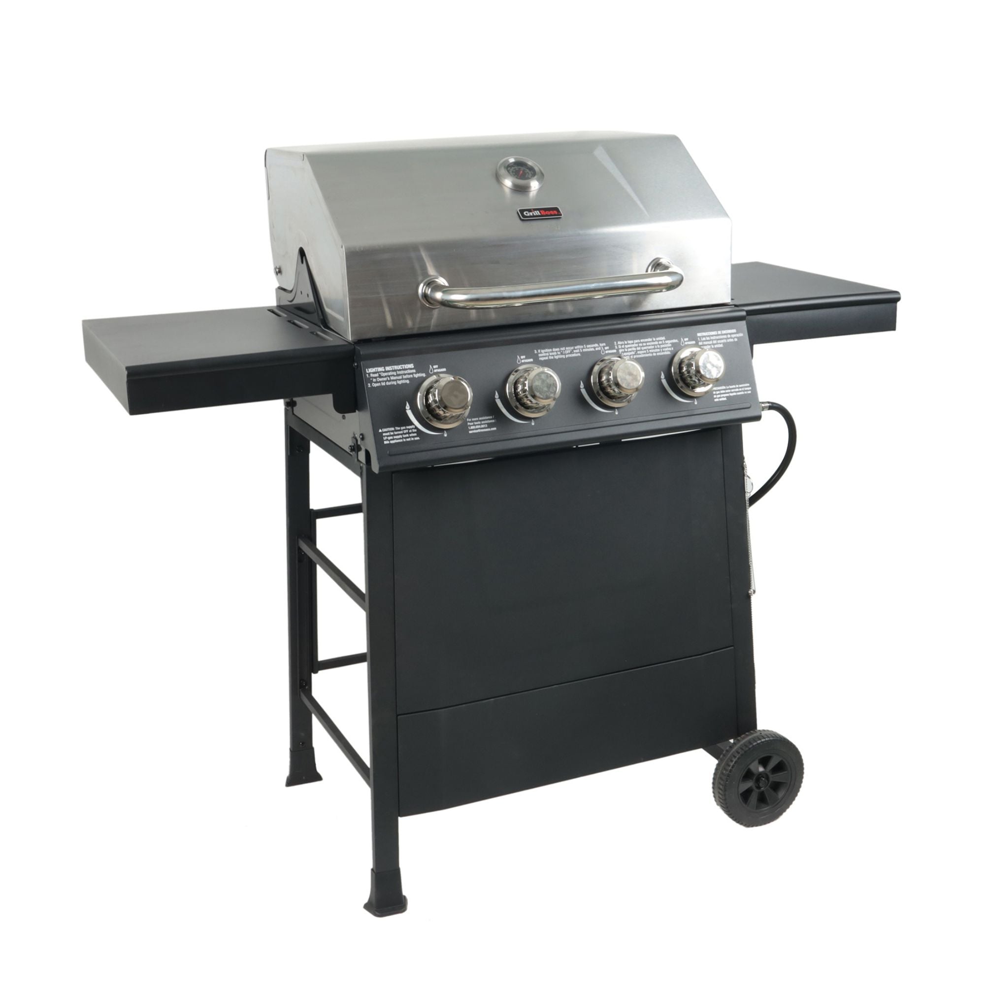 Grill Boss 4-Burner Outdoor Propane Gas Grill with Side Shelves & Wheels, Black
