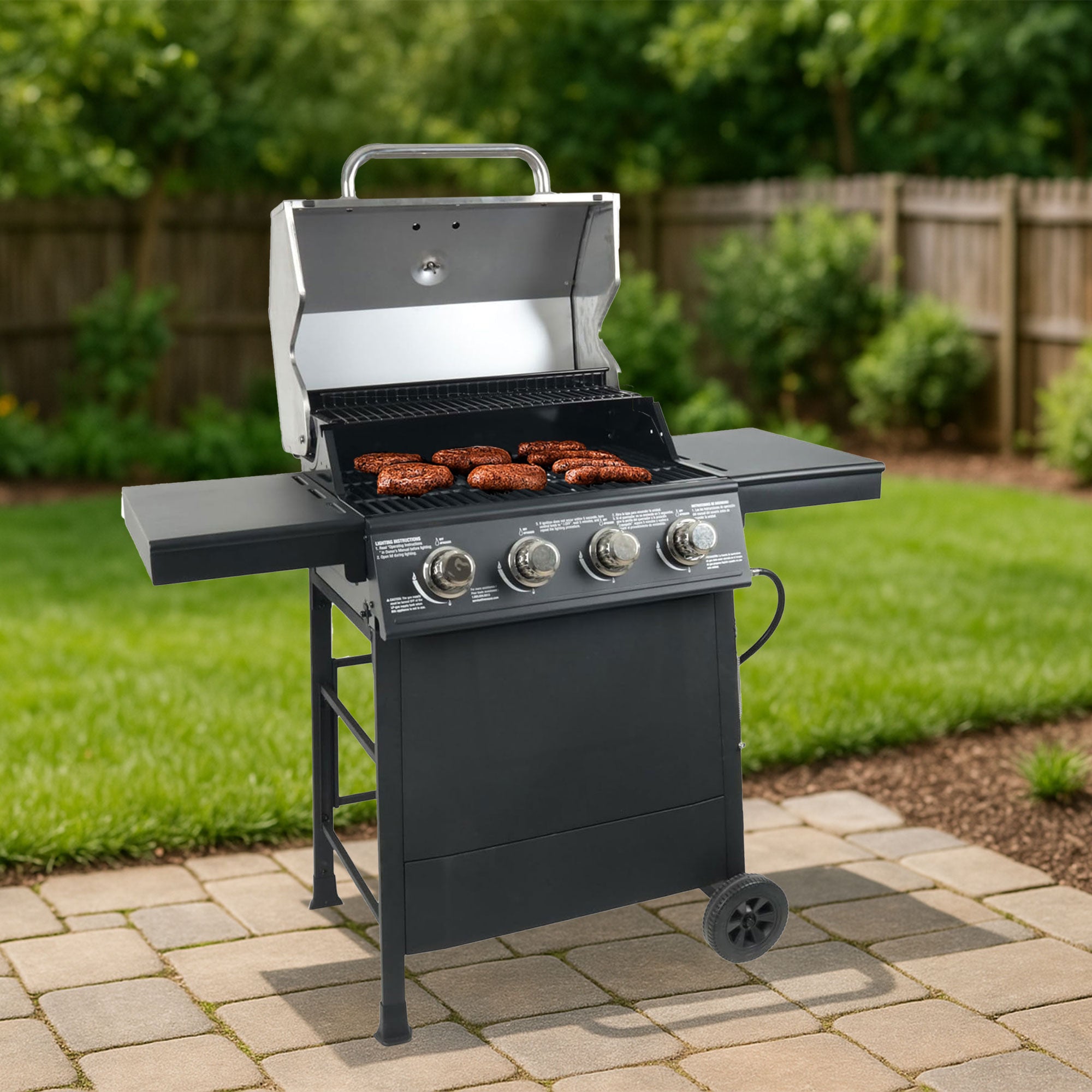 Grill Boss 4-Burner Outdoor Propane Gas Grill with Side Shelves & Wheels, Black