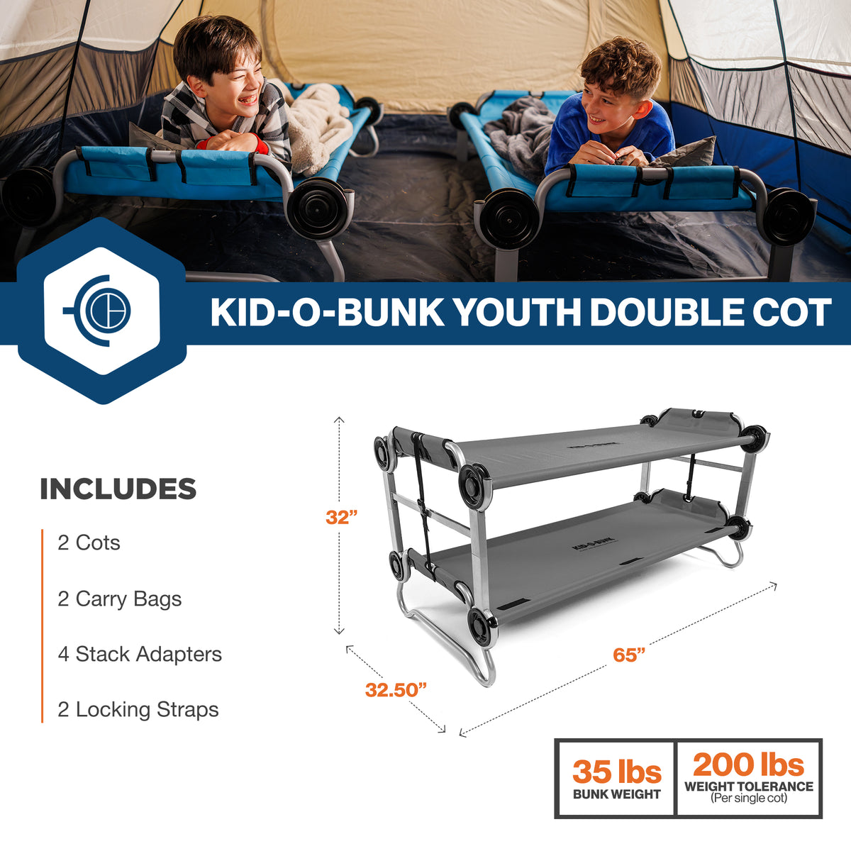 Disc-O-Bed Youth Double Cot Kid-O-Bunk, Storage Organizers & Carry Bag, (Used)