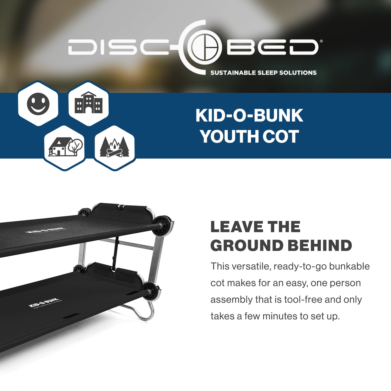 Disc-O-Bed Youth Double Cot Kid-O-Bunk w/ 200 Pound Capacity & Carry Bags, Black - VMInnovations