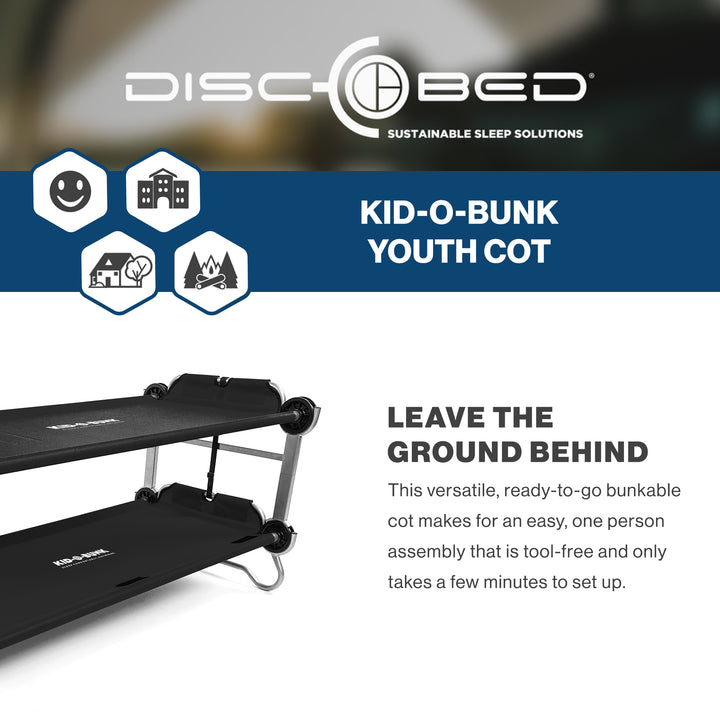 Disc-O-Bed Youth Double Cot Kid-O-Bunk w/ 200 Pound Capacity & Carry Bags, Black - VMInnovations