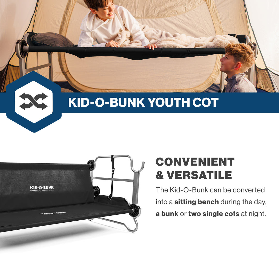 Disc-O-Bed Youth Double Cot Kid-O-Bunk w/ 200 Pound Capacity & Carry Bags, Black - VMInnovations