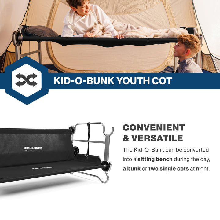Disc-O-Bed Youth Double Cot Kid-O-Bunk w/ 200 Pound Capacity & Carry Bags, Black - VMInnovations