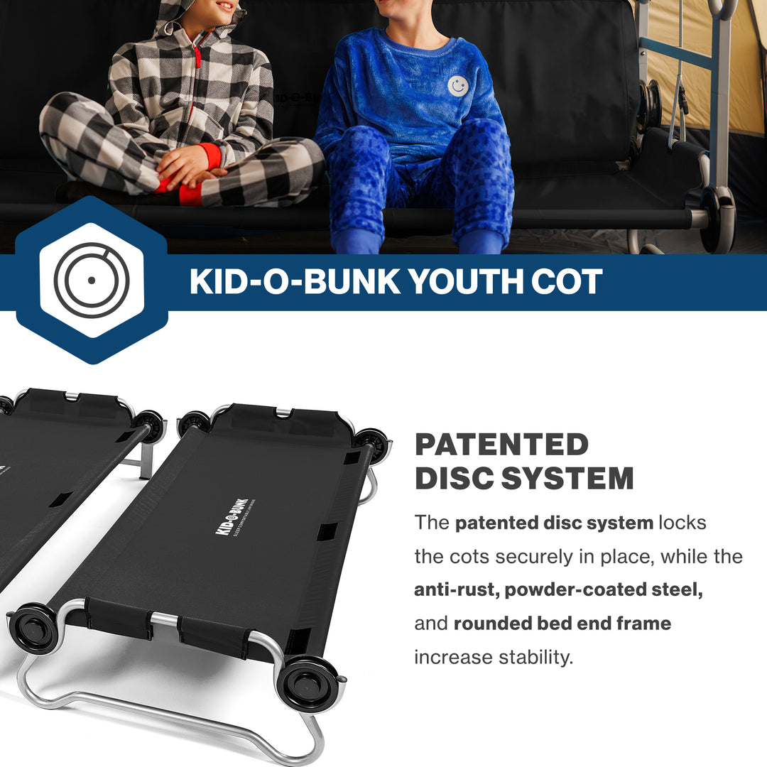 Disc-O-Bed Youth Double Cot Kid-O-Bunk w/ 200 Pound Capacity & Carry Bags, Black - VMInnovations