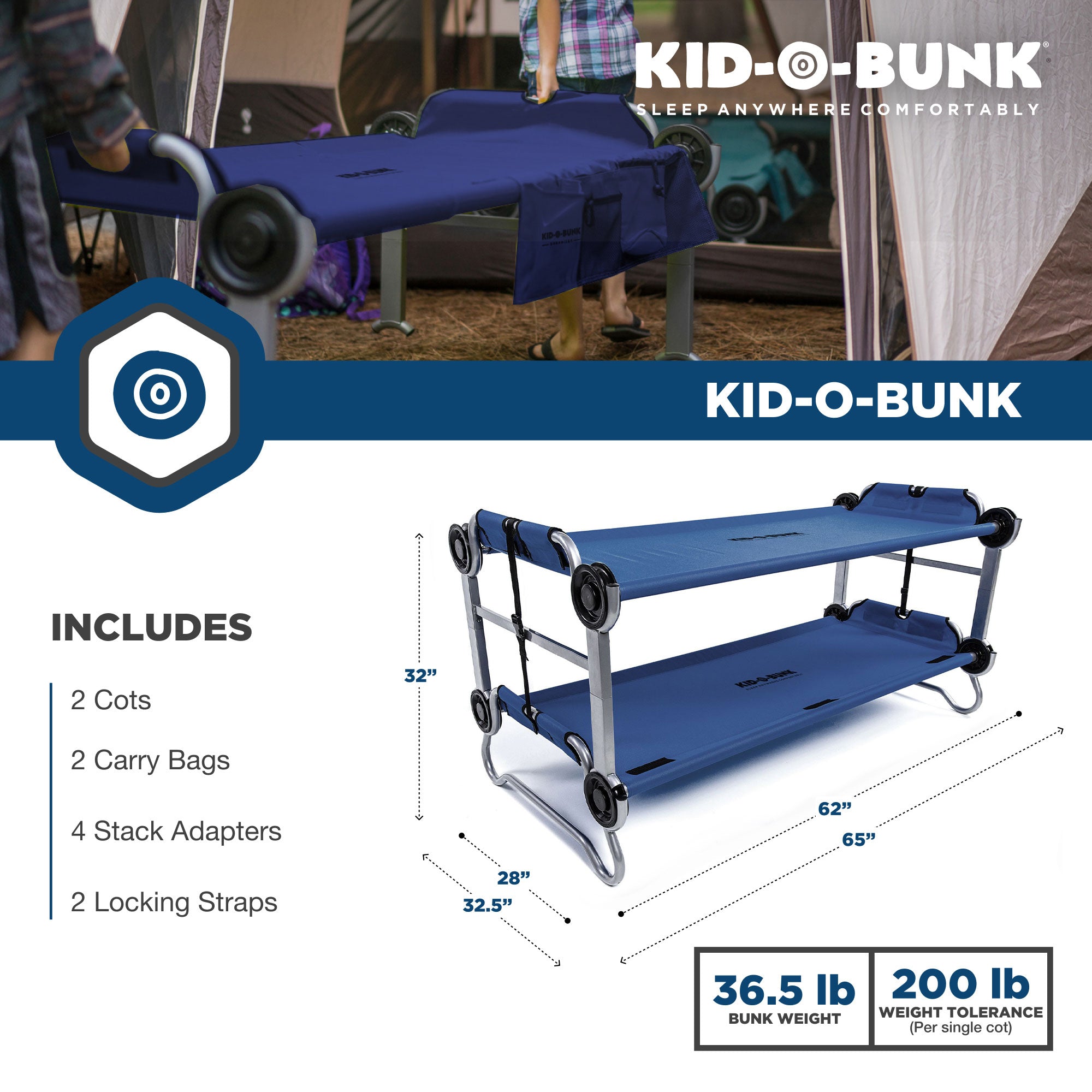 Disc-O-Bed Youth Double Cot Kid-O-Bunk w/ 200 Pound Capacity, Navy (Open Box)
