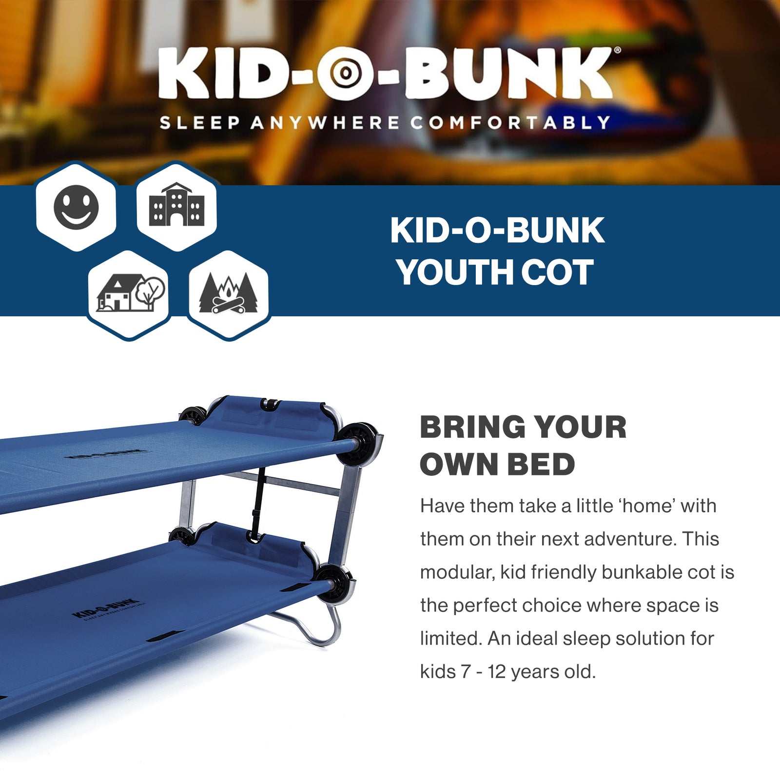 Disc-O-Bed Youth Double Cot Kid-O-Bunk w/ 200 Pound Capacity & Carry Bags, Navy - VMInnovations