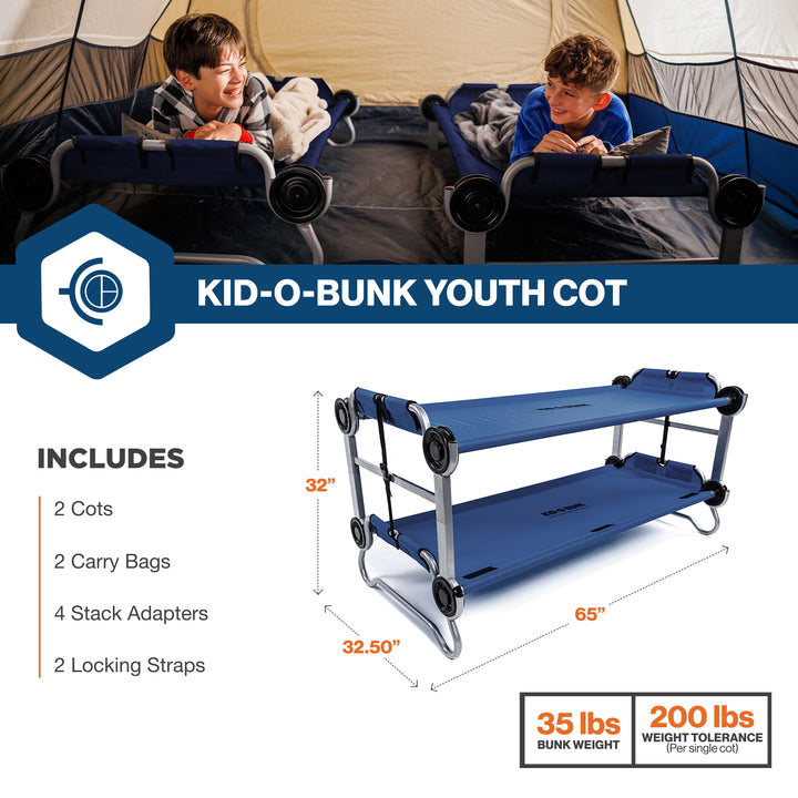 Disc-O-Bed Youth Double Cot Kid-O-Bunk w/ 200 Pound Capacity & Carry Bags, Navy - VMInnovations