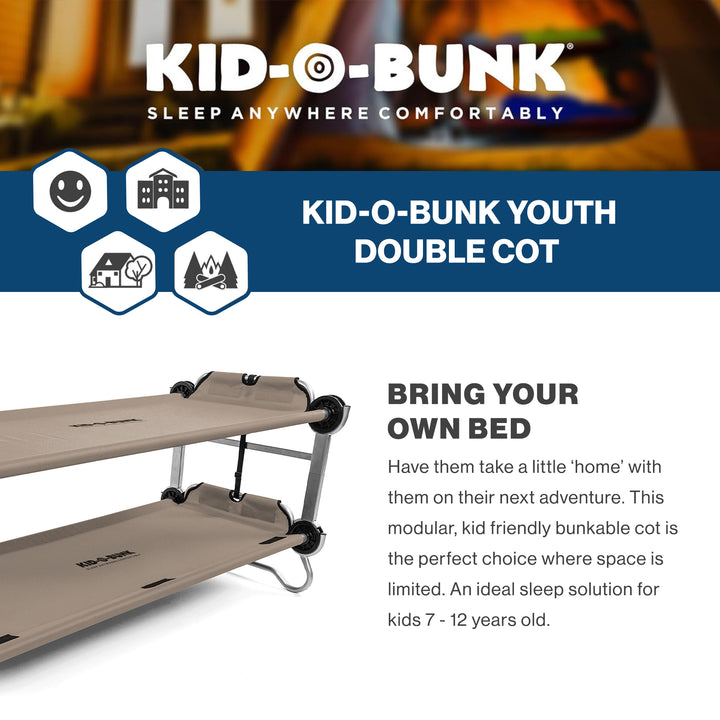 Disc-O-Bed Youth Double Cot Kid-O-Bunk w/ 200 Pound Capacity & Carry Bags, Tan - VMInnovations