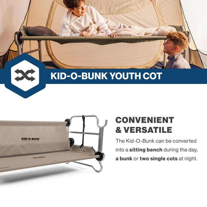 Disc-O-Bed Youth Double Cot Kid-O-Bunk w/ 200 Pound Capacity & Carry Bags, Tan - VMInnovations