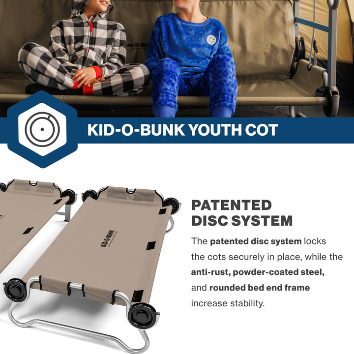 Disc-O-Bed Youth Double Cot Kid-O-Bunk w/ 200 Pound Capacity & Carry Bags, Tan - VMInnovations